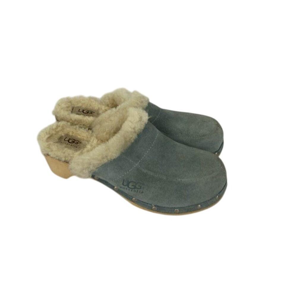 UGG Kalie Cadet Blue Suede Shearling Wooden Clog Mule Women's Size 7